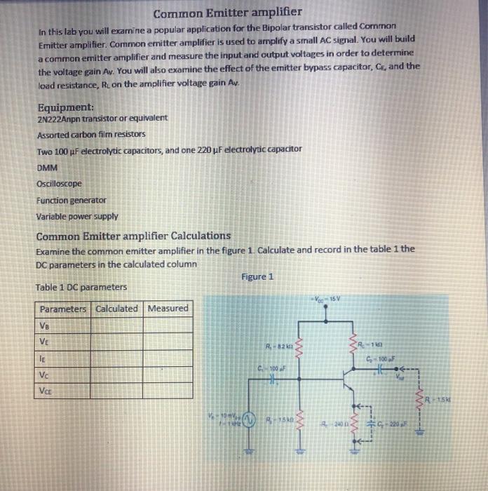 Solved Common Emitter amplifier In this lab you will examine Circuit Diagram