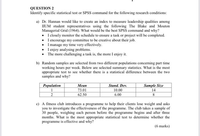 QUESTION 2 Identify specific statistical test or SPSS | Chegg.com