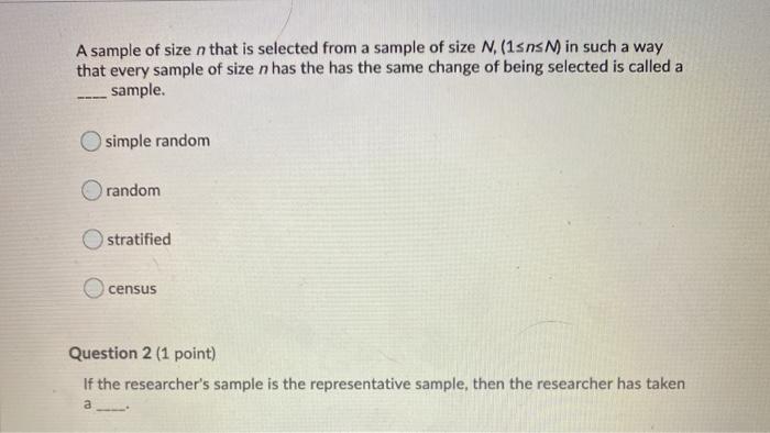 Solved A sample of size n that is selected from a sample of | Chegg.com