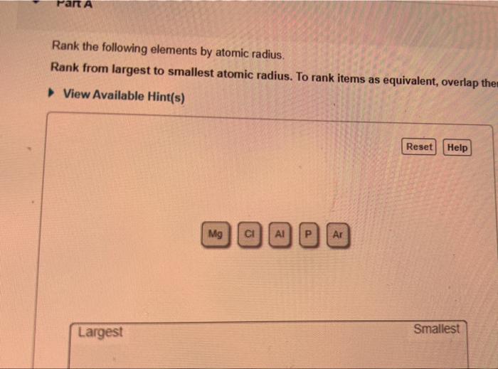 Solved Part A Rank The Following Elements By Atomic Radius. | Chegg.com