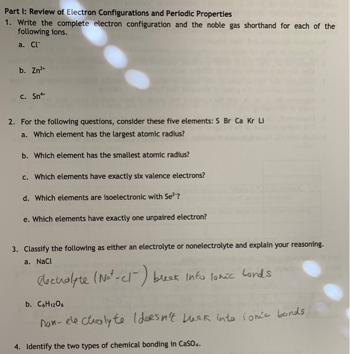 Solved Part I: Review of Electron Configurations and | Chegg.com