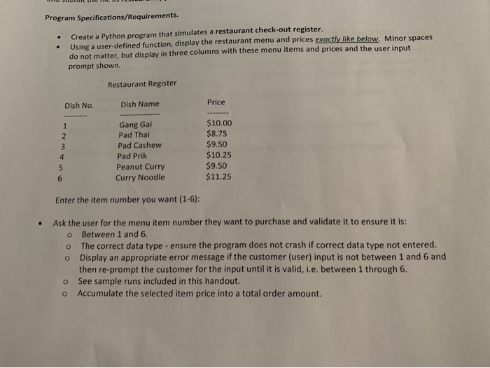 Solved Program Specifications/Requirements. Create a Python | Chegg.com