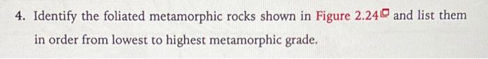 4. Identify the foliated metamorphic rocks shown in Figure 2.24 and list them
in order from lowest to highest metamorphic gra