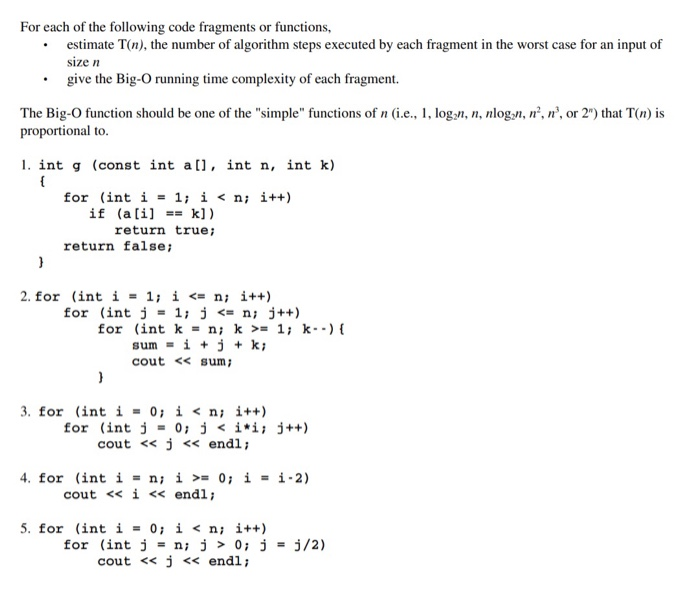 Solved For Each Of The Following Code Fragments Or Functi Chegg Com