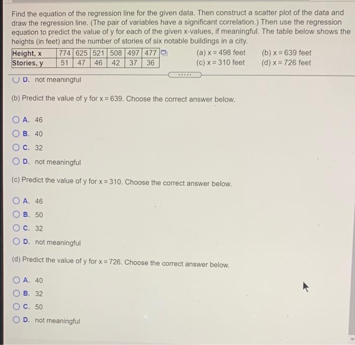 Solved Find the equation of the regression line for the | Chegg.com