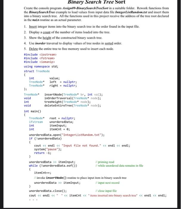 Solved Binary Search Tree Sort Create the console program | Chegg.com