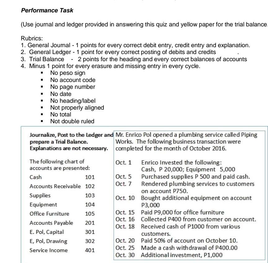 Solved Performance Task (Use journal and ledger provided in | Chegg.com