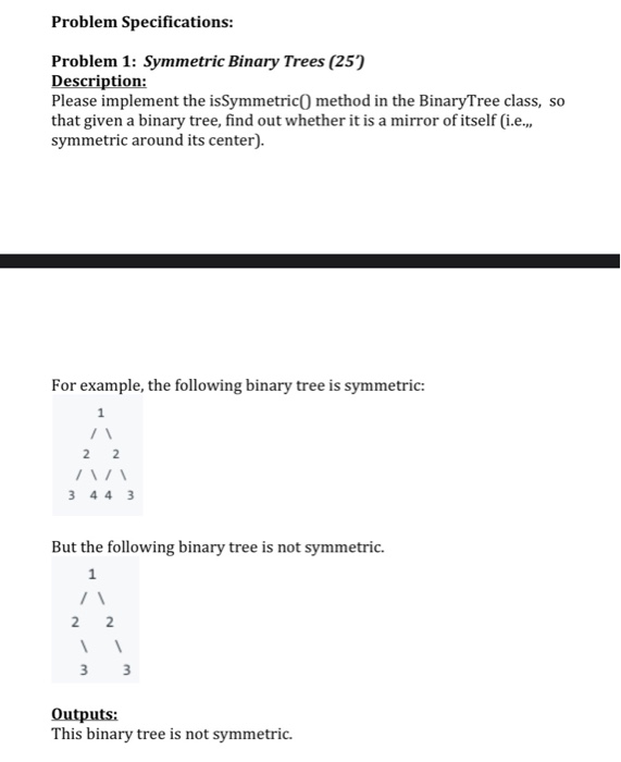 Solved Problem Specifications: Problem 1: Symmetric Binary | Chegg.com