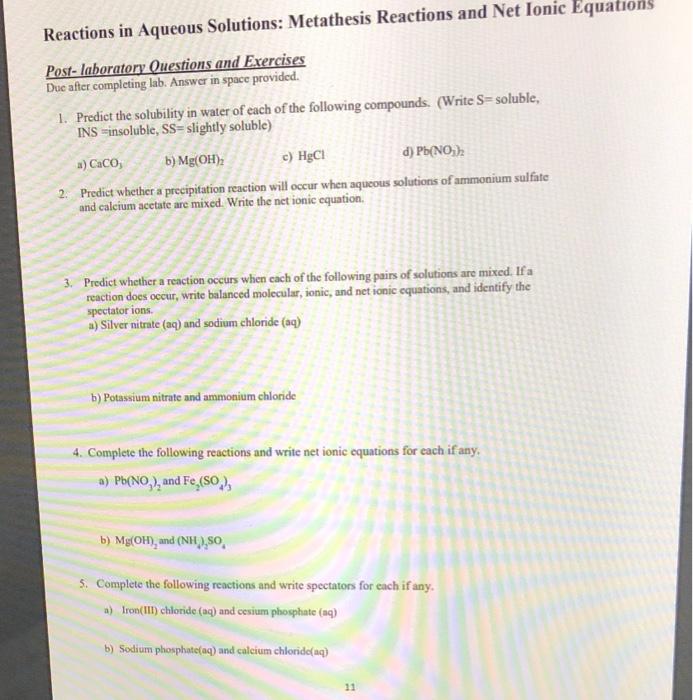 Solved ns Reactions in Aqueous Solutions: Metathesis | Chegg.com