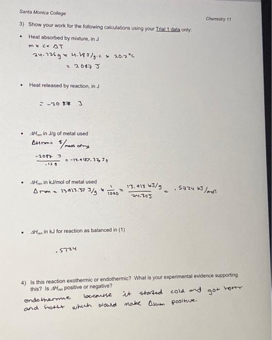Data Analysis 1) Write the balanced equation for the | Chegg.com