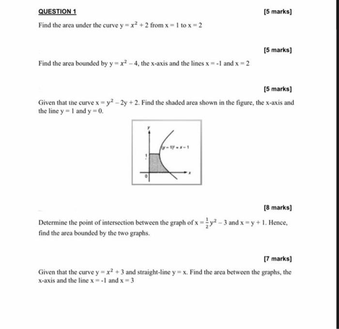 Solved [5 marks) QUESTION 1 Find the area under the curve y | Chegg.com