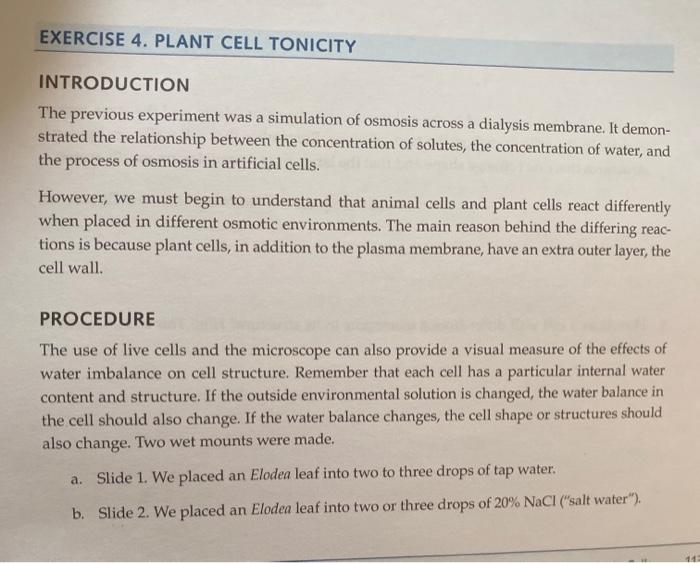 Solved EXERCISE 4. PLANT CELL TONICITY INTRODUCTION The 
