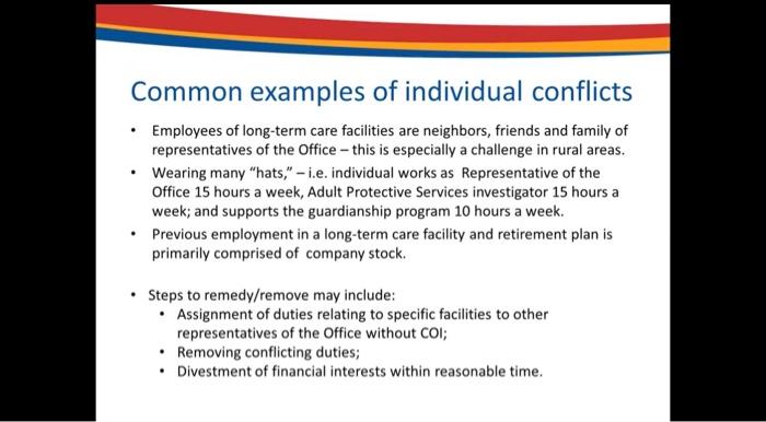 Common examples of individual conflicts
- Employees of long-term care facilities are neighbors, friends and family of represe