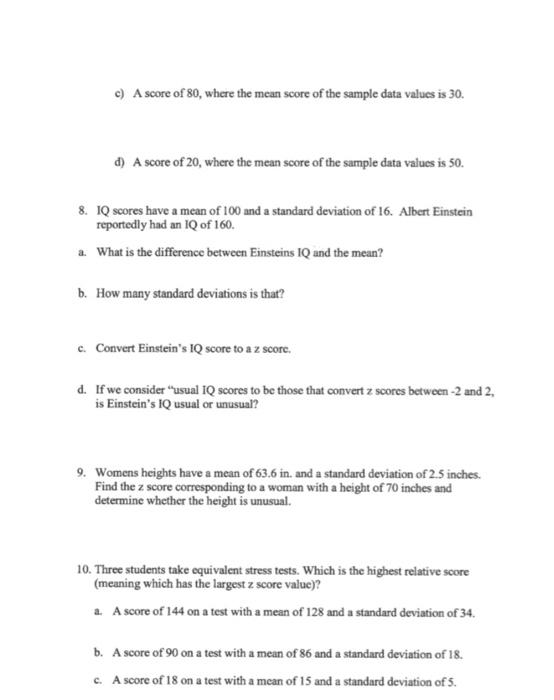 Solved Z-Score Practice Worksheet part b Name 1. For the | Chegg.com