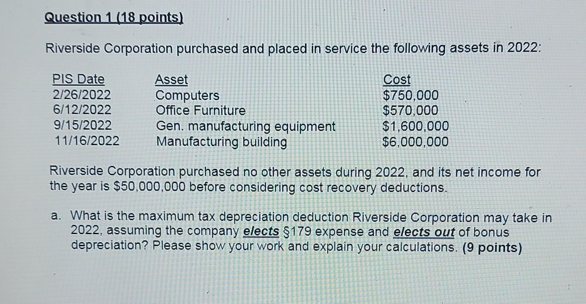 Solved Riverside Corporation Purchased And Placed In Service Chegg Com   Image 