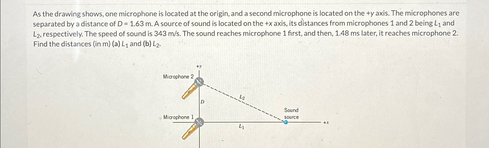 Solved As the drawing shows, one microphone is located at | Chegg.com