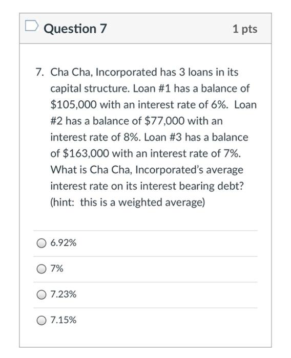 Solved Question 7 1 pts 7. Cha Cha Incorporated has 3 loans