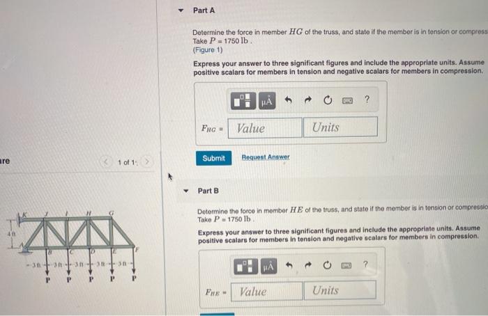 Solved Part A Determine the force in member HG of the truss, | Chegg.com