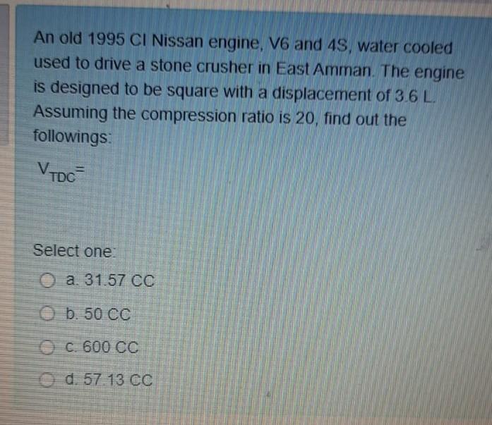 Solved An old 1995 CI Nissan engine, V6 and 4S, water cooled | Chegg.com