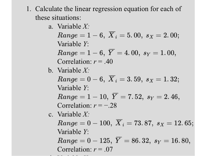 Solved 1. Calculate the linear regression equation for each | Chegg.com