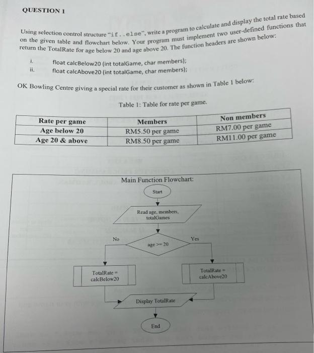 QUESTION 1
on the given table and flowchart below. Your program must implement two user-defined functions that
Using selectio