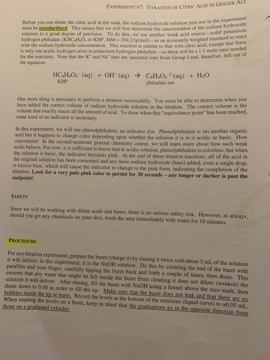 Solved EXPERIMENT 7 TITRATION OF CITRIC ACID IN GINGER ALE