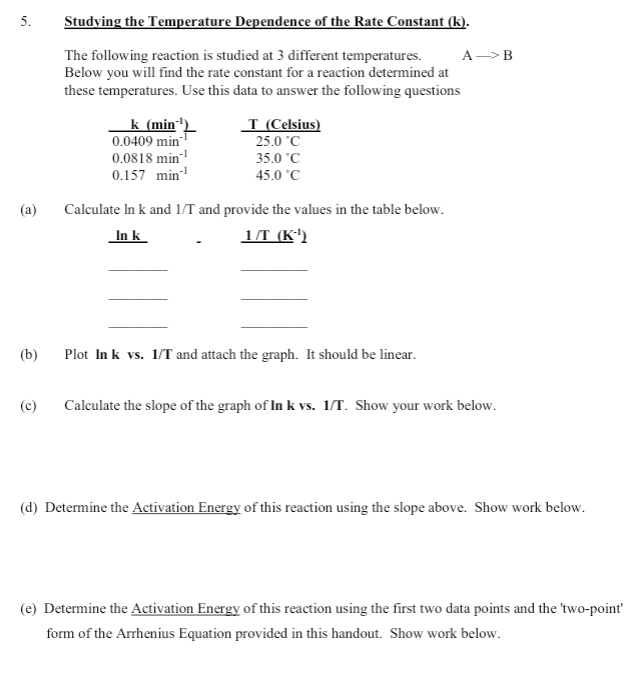 Solved 5. . Studying the Temperature Dependence of the Rate | Chegg.com