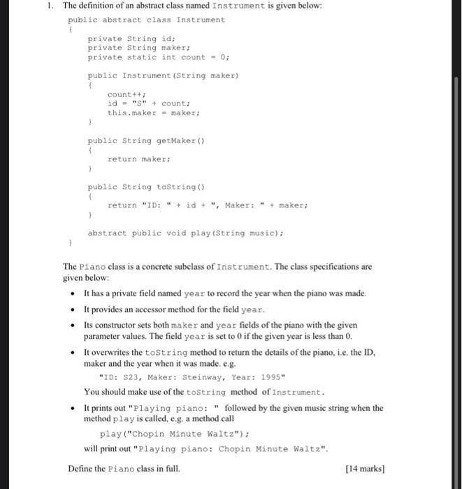 Solved 1. The definition of an abstract class named | Chegg.com