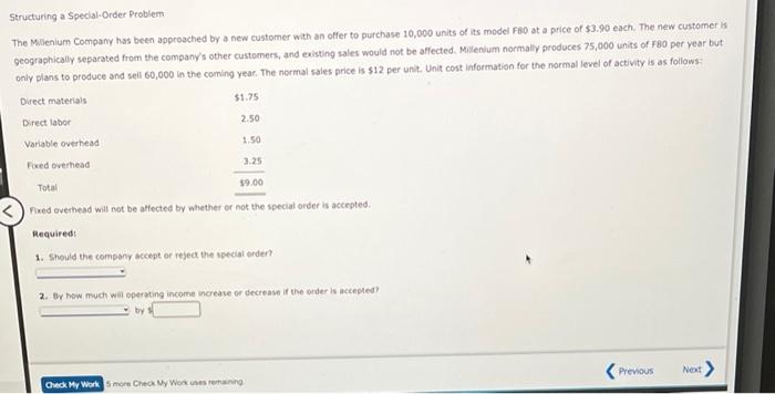 Solved Structuring a Special-Order Problem The Millenium | Chegg.com