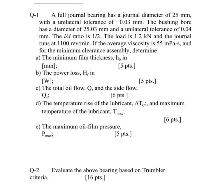 Solved Q1 A full journal bearing has a journal diameter of
