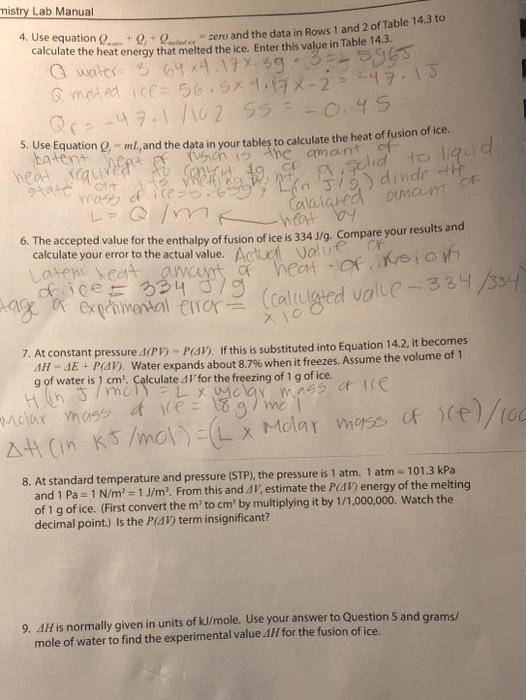 LAB 14 Questions for Enthalpy of Ice 1. Use the table