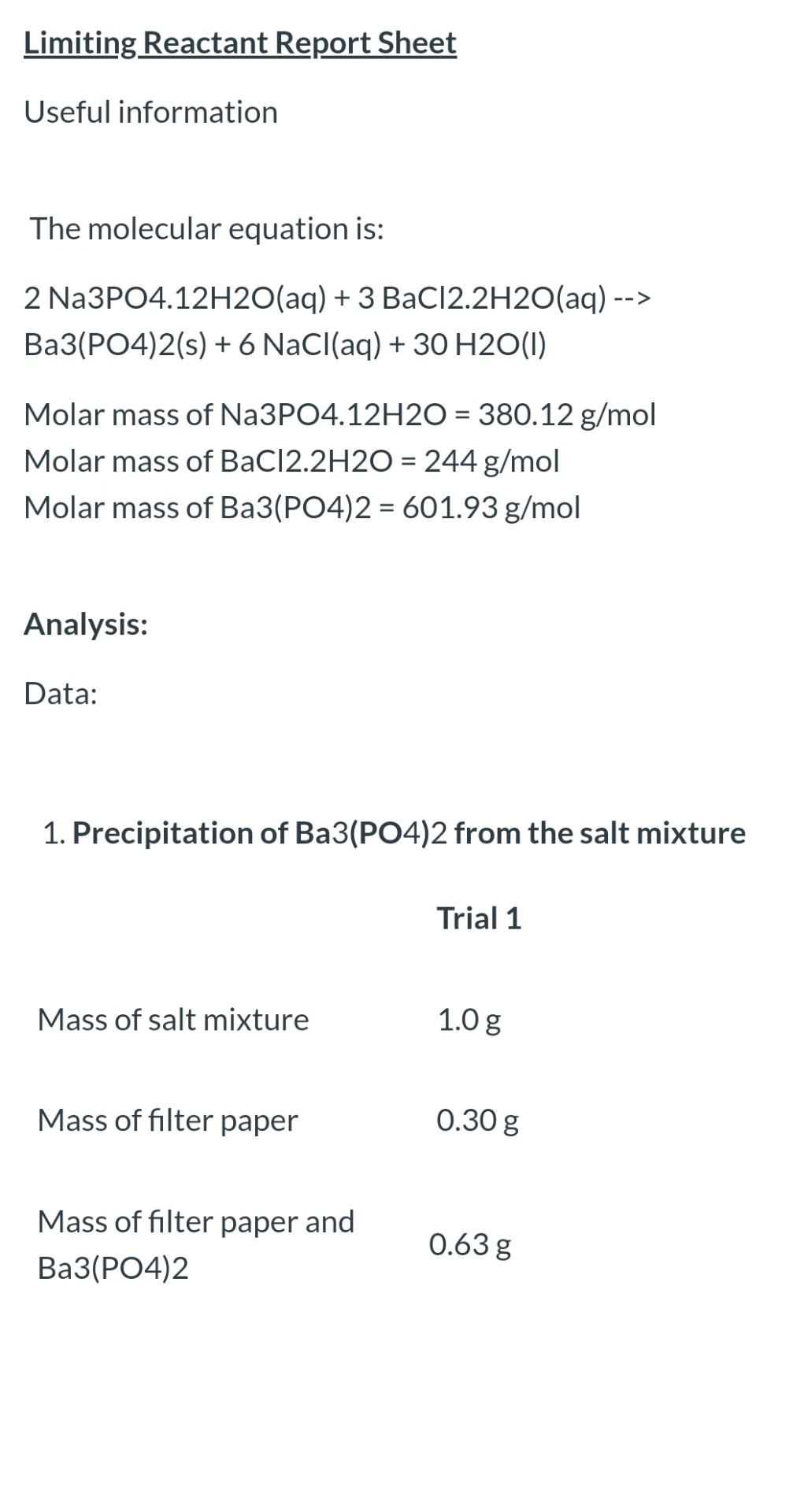 Solved Limiting Reactant Report Sheet Useful Information The | Chegg.com