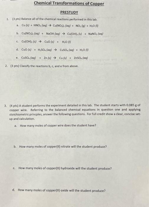 Solved Chemical Transformations of Copper PRESTUDY 1. (3 | Chegg.com