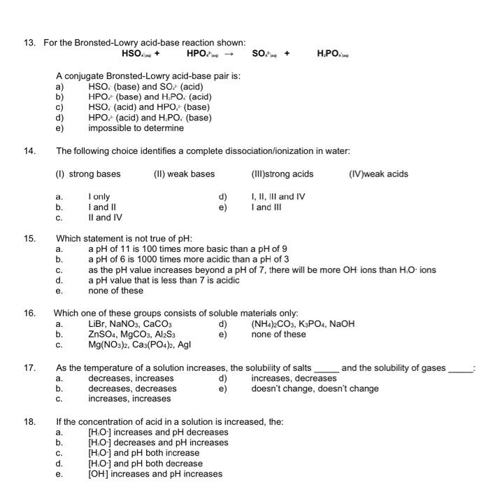 Solved 13. For the Bronsted-Lowry acid-base reaction shown: | Chegg.com