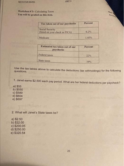 Solved MATH FOR WORK Worksheet #3- Calculating Taxes You | Chegg.com