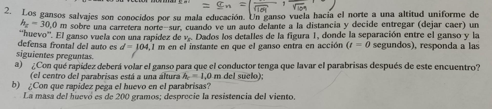 2. Los gansos salvajes son conocidos por su mala educación. Un ganso vuela hacia el norte a una altitud uniforme de \( h_{g}=