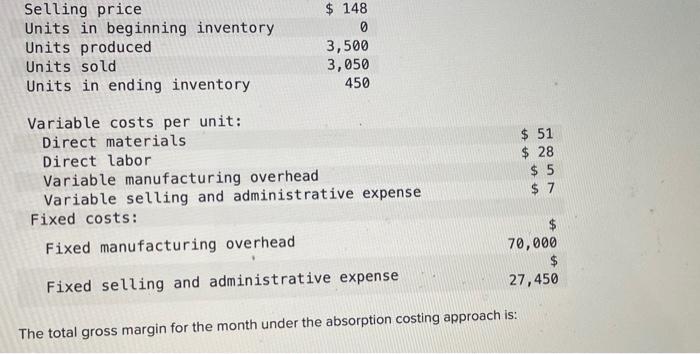 Solved The total gross margin for the month under the | Chegg.com