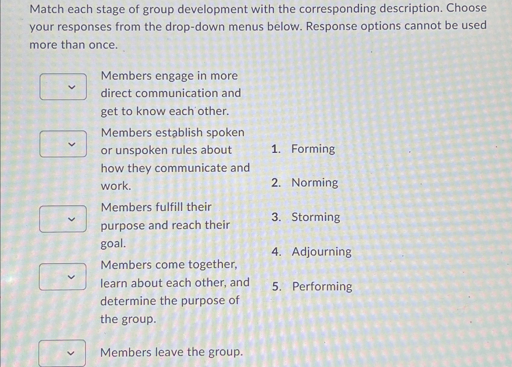 Solved Match each stage of group development with the Chegg