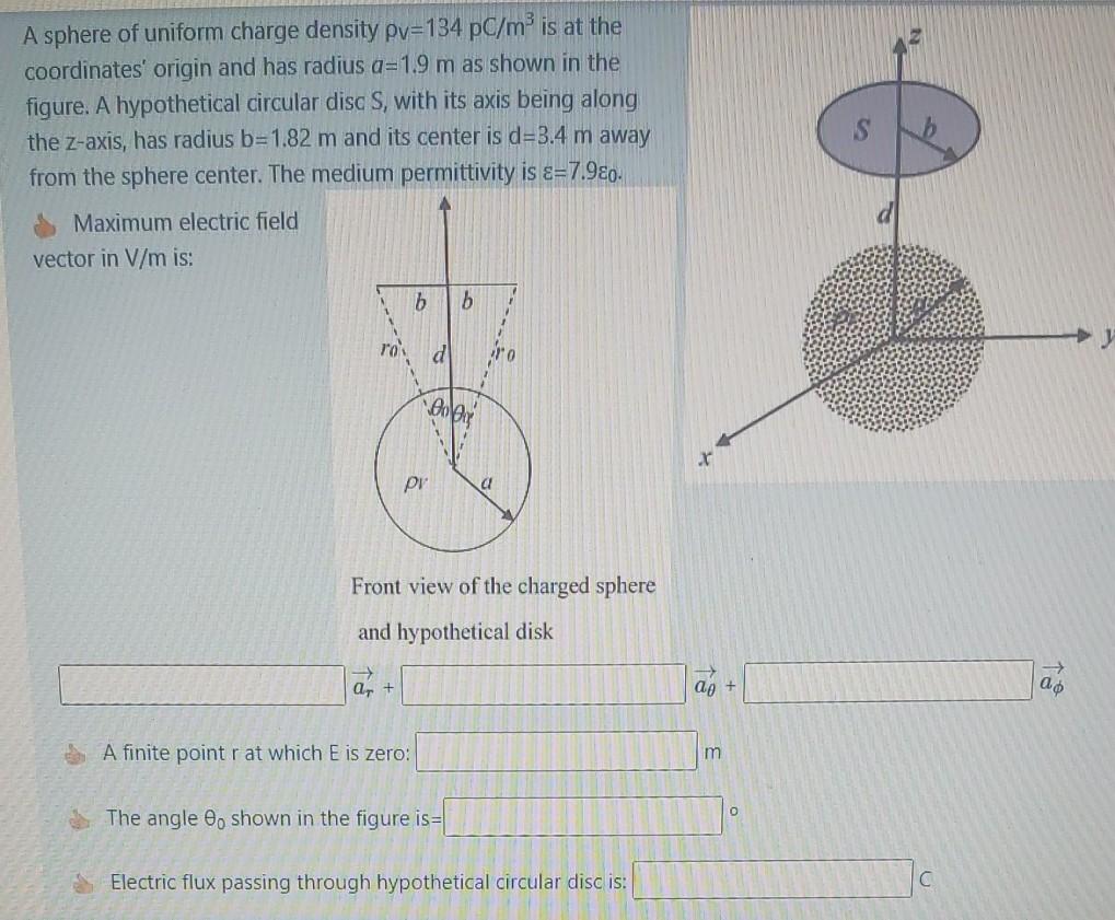 Solved A sphere of uniform charge density pv=134 pC/m® is at | Chegg.com