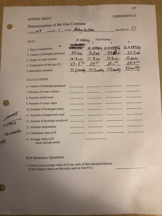 Solved 117 EXPERIMENT 8 REPORT SHEET Determination Of The | Chegg.com