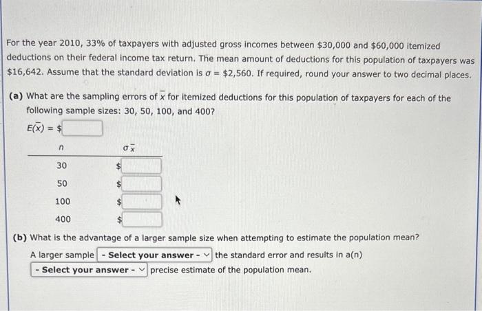 Solved For The Year 2010,33% Of Taxpayers With Adjusted | Chegg.com