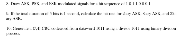 Solved 8. Draw ASK, PSK, and FSK modulated signals for a bit | Chegg.com