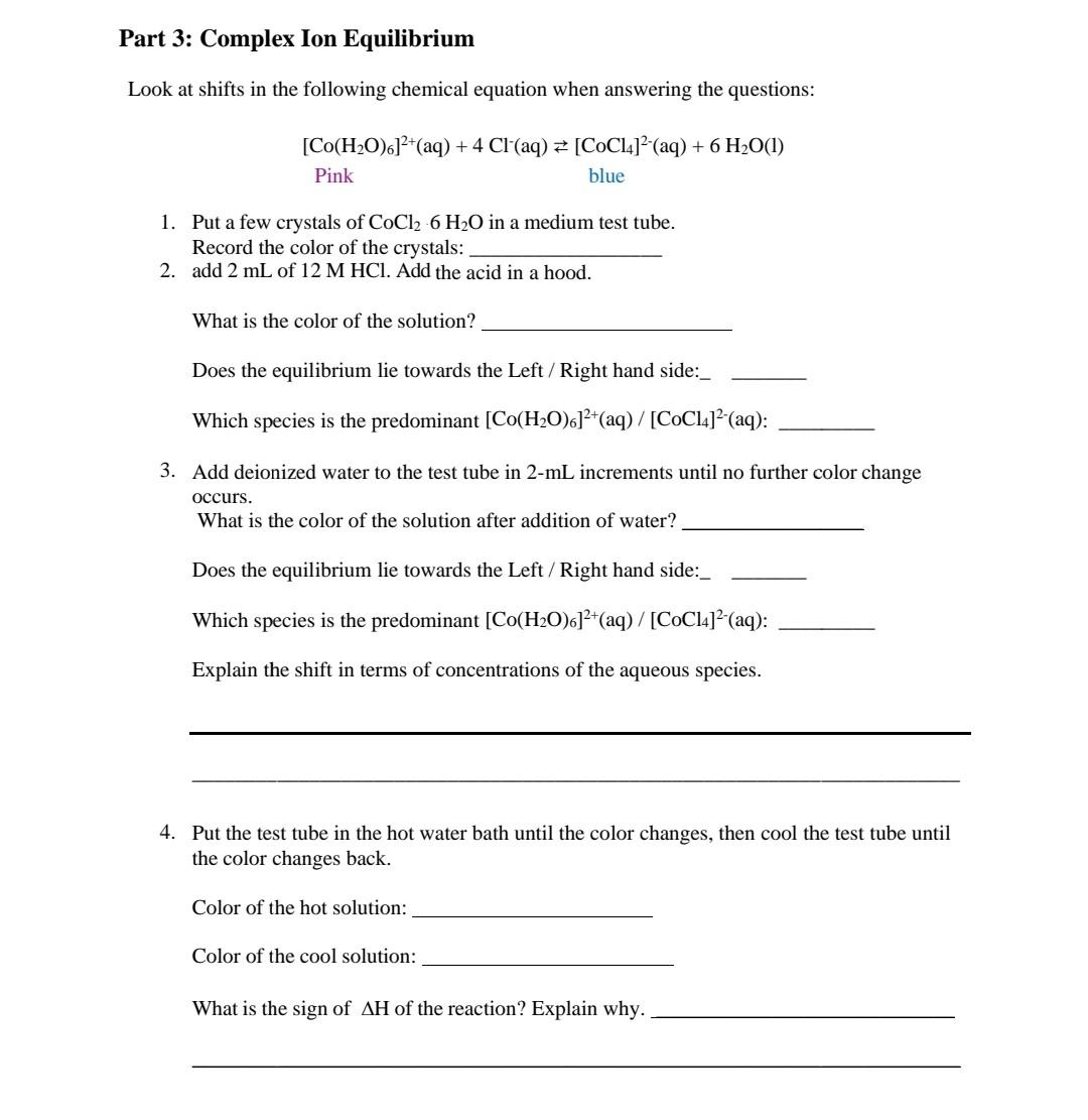 Solved Part 3: Complex Ion Equilibrium Look at shifts in the | Chegg.com