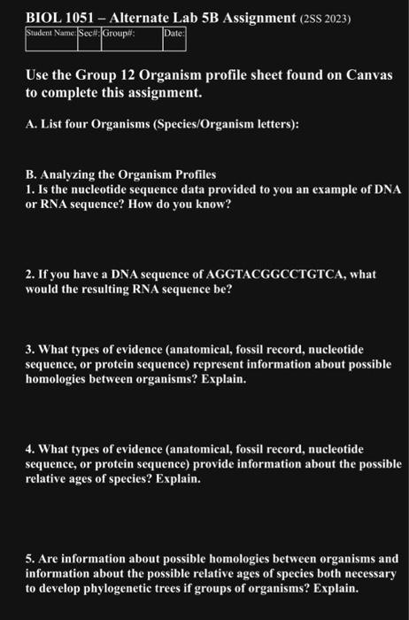 Solved BIOL 1051 - Alternate Lab 5B Assignment (2SS 2023) | Chegg.com