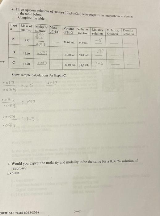 Solved 3. Three aqueous solutions of sucrose (C12H2O13) were | Chegg.com