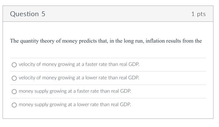 Solved Question 5 1 pts The quantity theory of money | Chegg.com