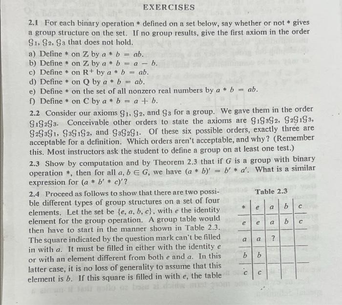 Solved EXERCISES 2.1 For Each Binary Operation * Defined On | Chegg.com