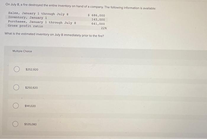Solved On July 8 , A Fire Destroyed The Entire Inventory On | Chegg.com