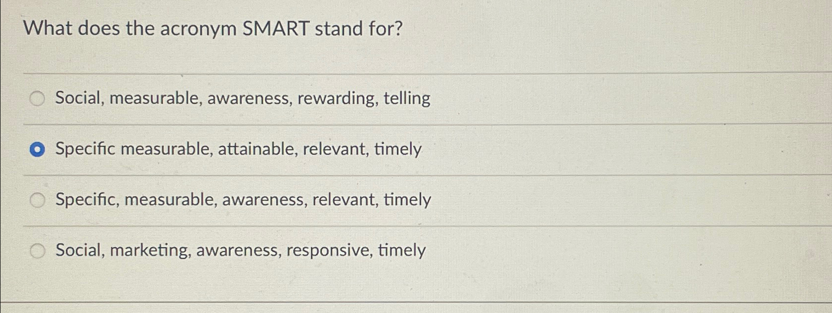 Solved What does the acronym SMART stand for?Social,