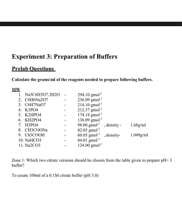 Solved Experiment 3 Preparation of Buffers Prelab Questions